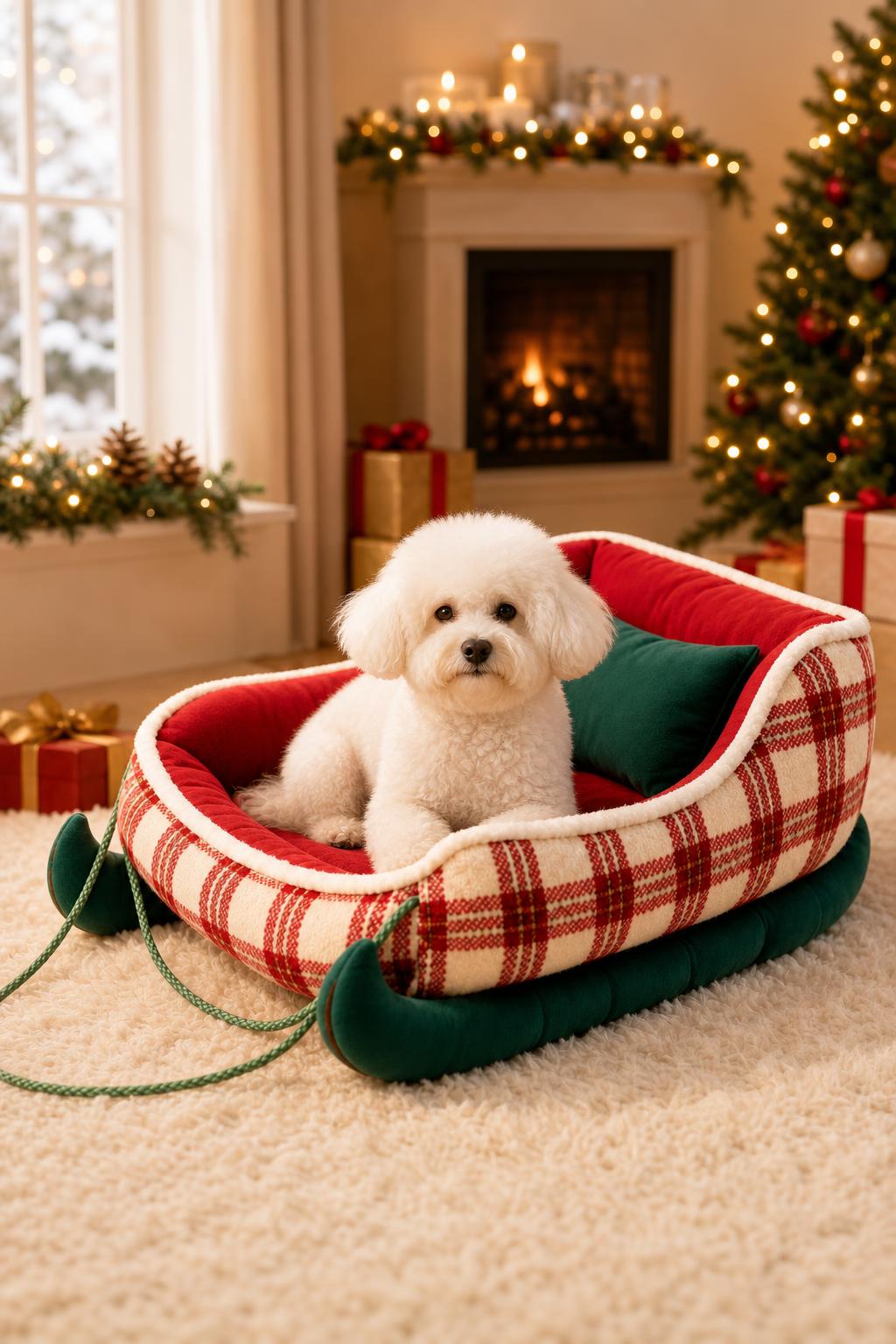 Perro bichon en la cama junto a una ventana con nieve