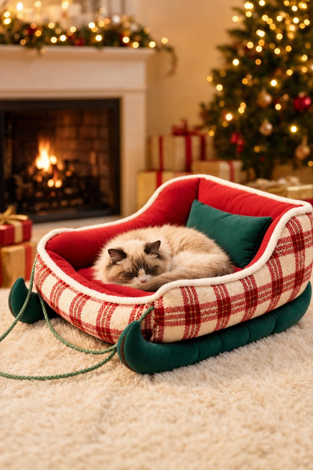Cama navideña tipo trineo con un gato durmiendo